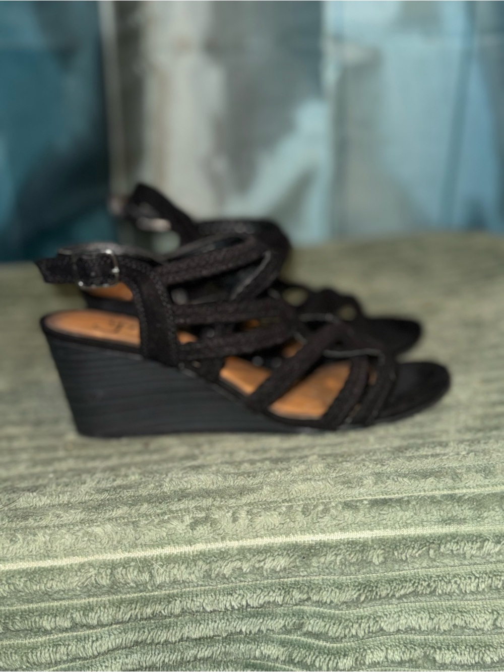 Women's Black Strappy Wedge Sandals with Adjustable Ankle Strap